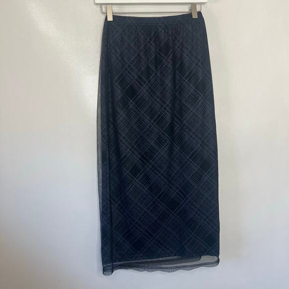 Dazy Shein Women's A-Line Sz M Navy Blue Check Mesh Stretch Midi Skirt Whimsgoth - Picture 9 of 9